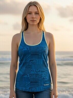 Zumba Fitness Blue Patterned Racerback Tank with Cream Trim 6034